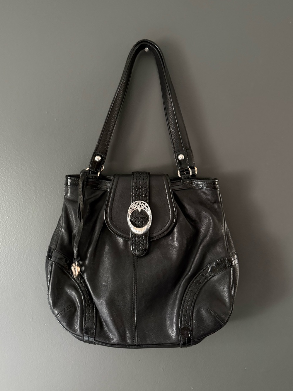 Vintage Y2K Brighton Black Leather Shoulder Bag with silver buckle